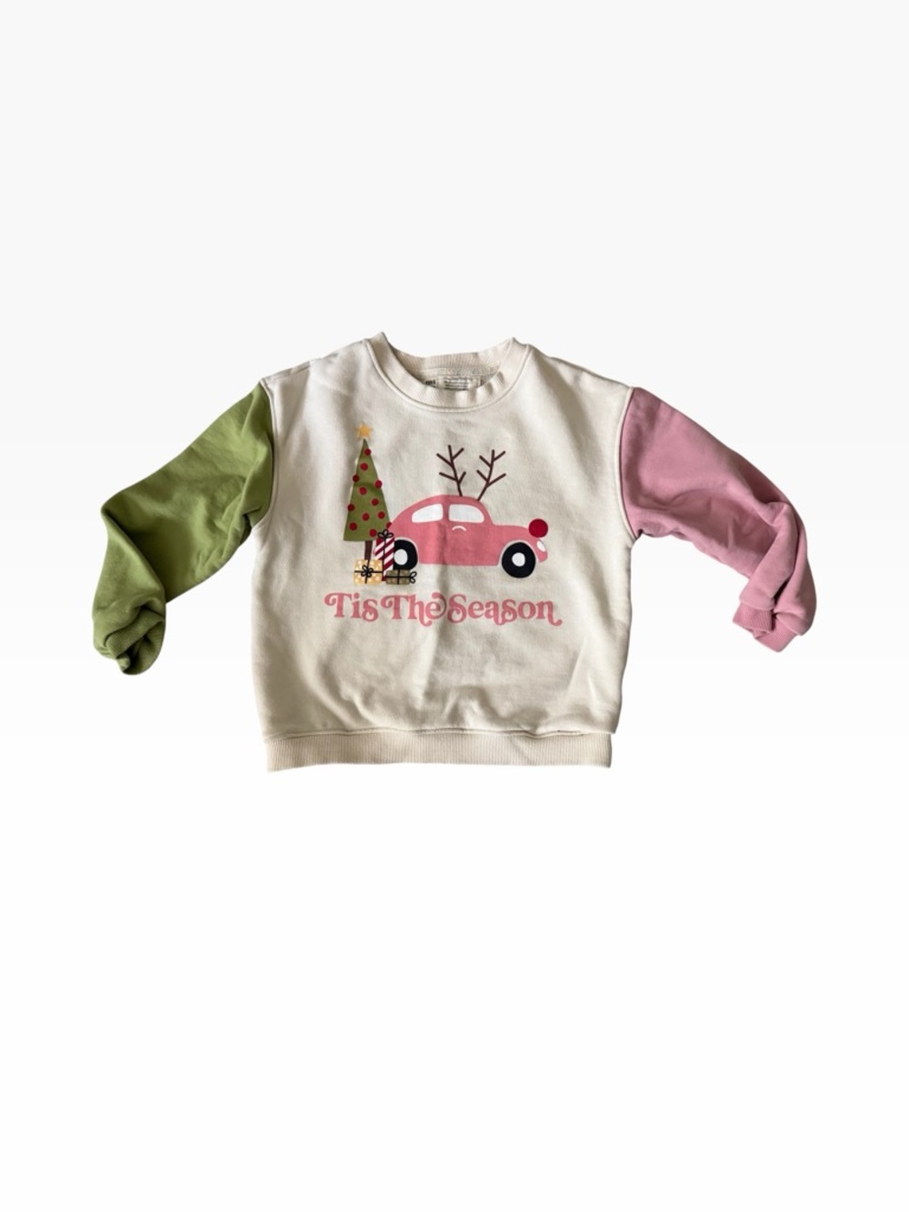 Girls 'Tis The Season Colorblock Sweatshirt - Cream with Pink & Green Sleeves